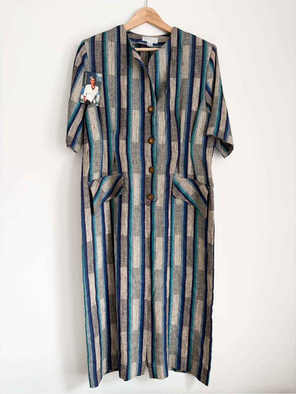 Vintage AGMIR Striped Midi Dress in Blue and Gray, Size L - Made in Europe